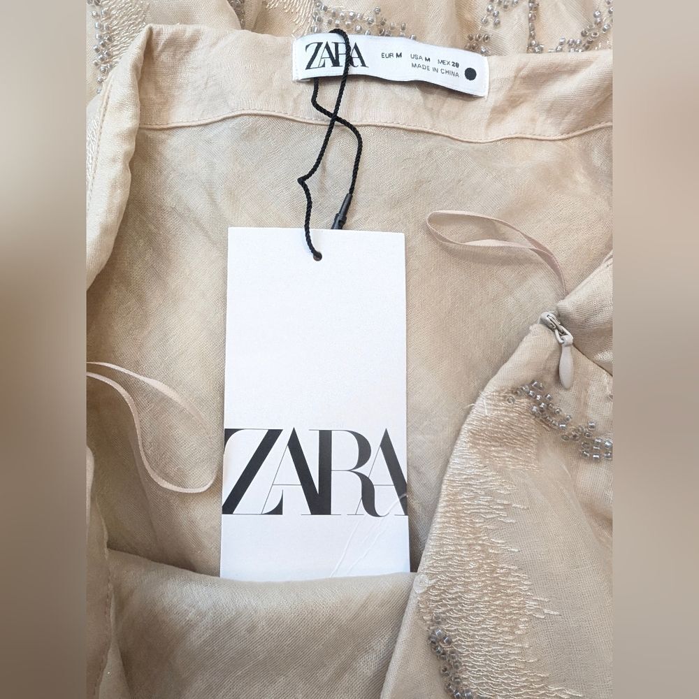 New ZARA Satin Midi Long Slip Skirt Beige Marble Neutral Nude Sz M Beads Sheer - Picture 10 of 14